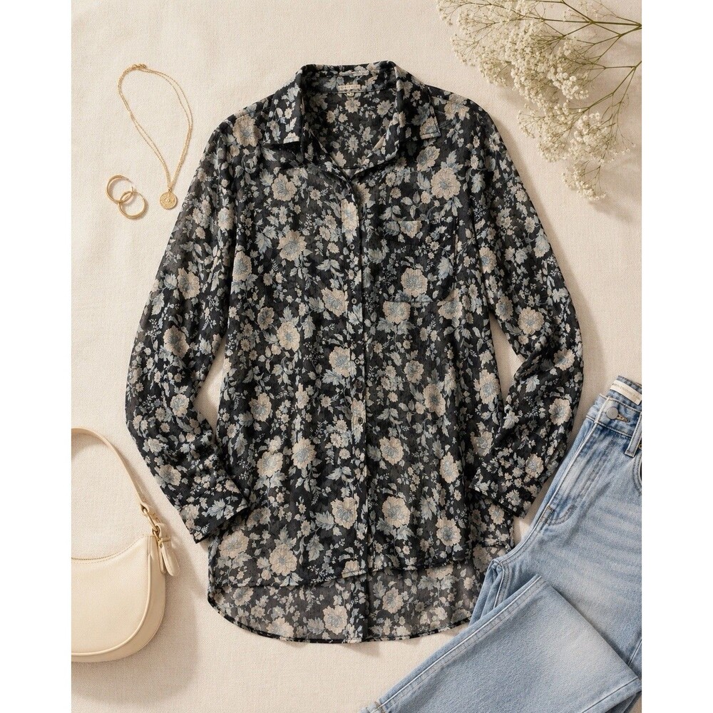 Denim & Supply Ralph Lauren Womens L RL Boyfriend Sheer Floral Blouse Boho